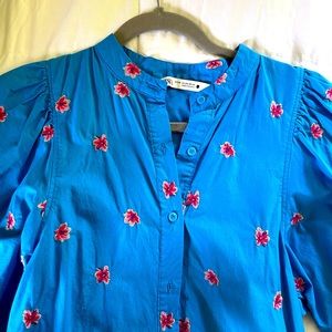 Blue and Pink Zara embroidered cotton MIDI dress XS